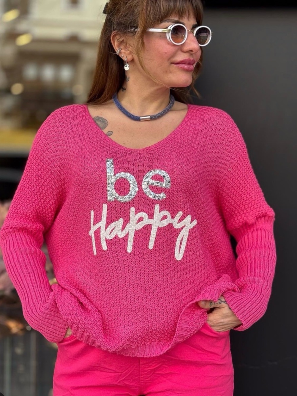 Park Moda- Be Happy Pink V-Neck Knit Sweater - Women